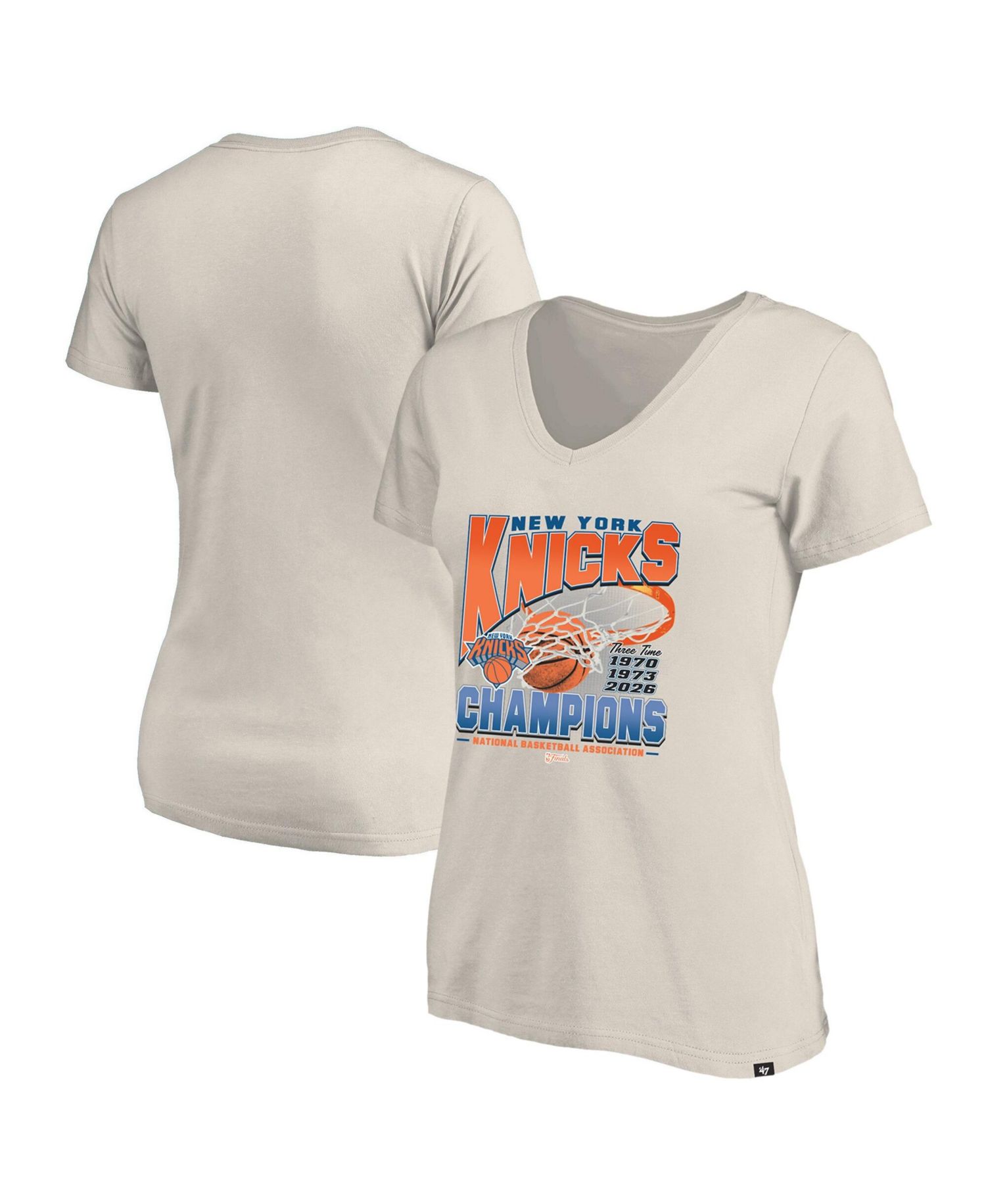 Women's Cream New York Knicks Three-Time NBA Finals Champions Plus Size V-Neck T-Shirt