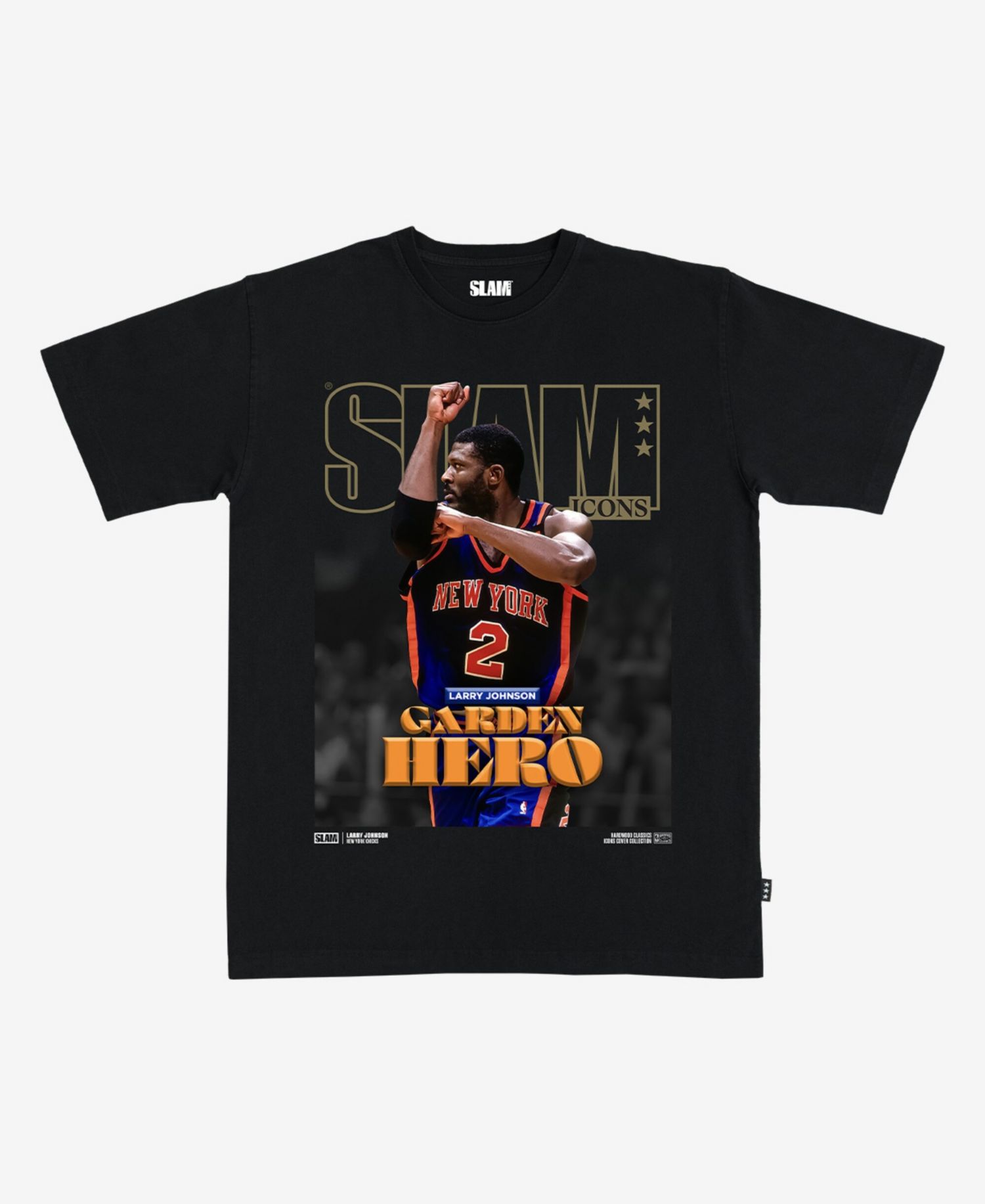 Men's and Women's Larry Johnson Black New York Knicks Hardwood Classics Cover T-Shirt