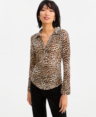 Women's Mesh Collared Long-Sleeve Top