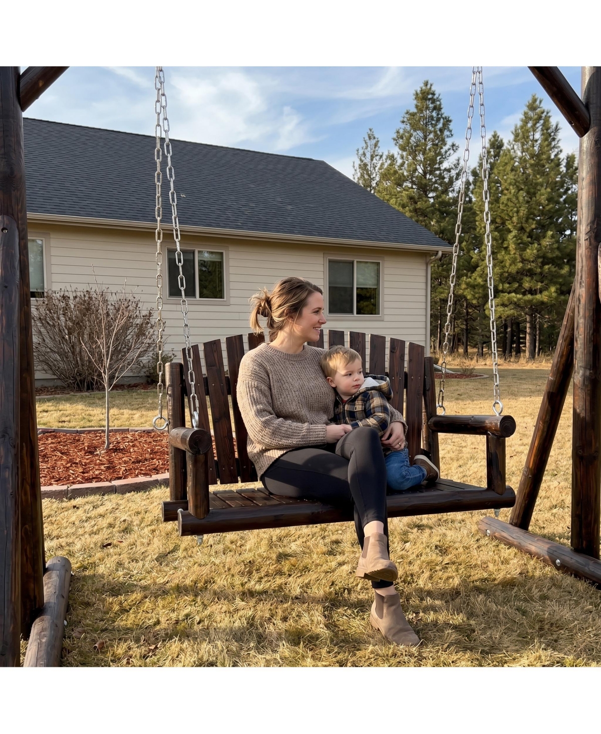 Maga Casa Innovaze 1-Seater Premium Rustic Solid Fir Wood Outdoor Porch Swing, Luxury Hanging Log Bench with 900 lbs Capacity