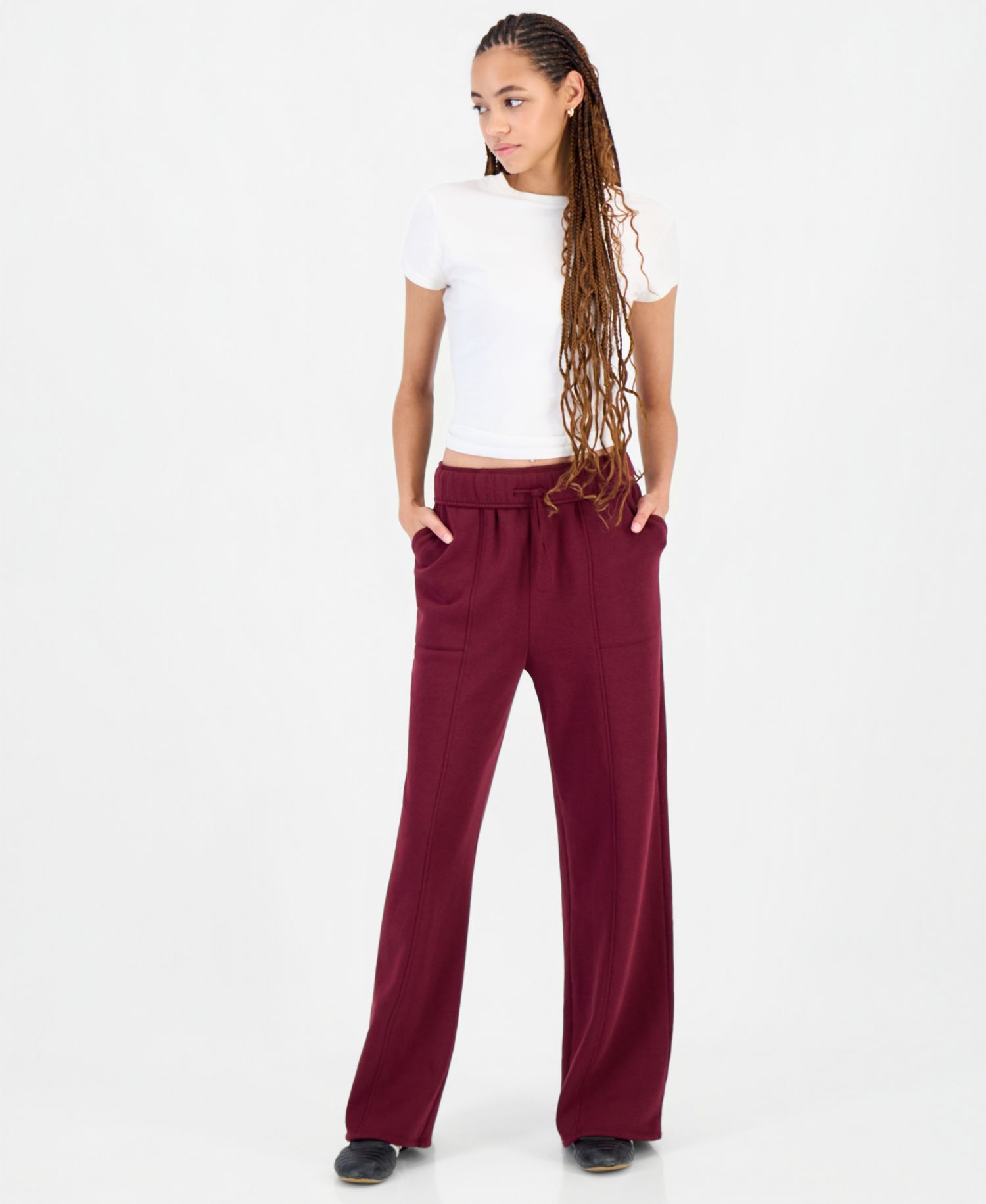 Juniors' Foldover High-Rise Wide-Leg Pull-On Fleece Pants