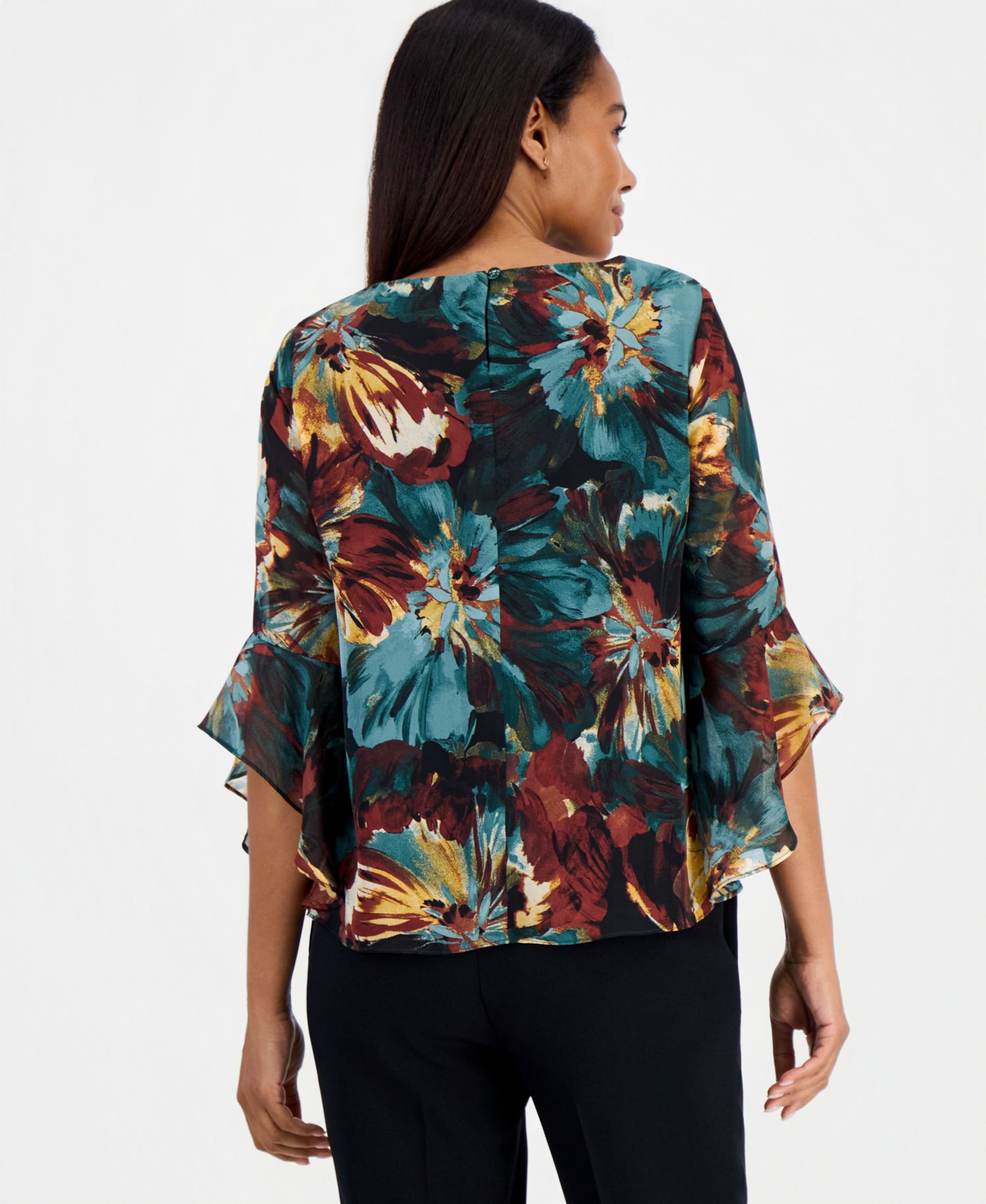 Women's Floral Chiffon 3/4-Sleeve Ruffled Blouse