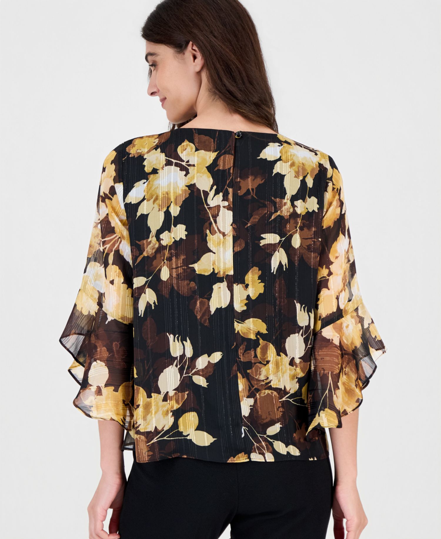 Women's Floral-Print 3/4-Length Ruffled Sleeve Chiffon Blouse