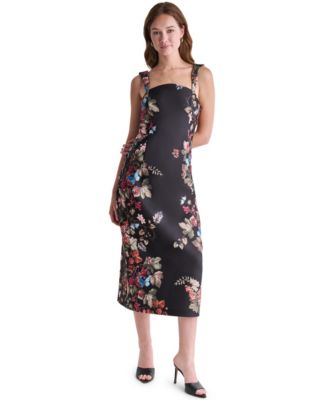 Women's Floral Print Square Neck Satin Midi Dress