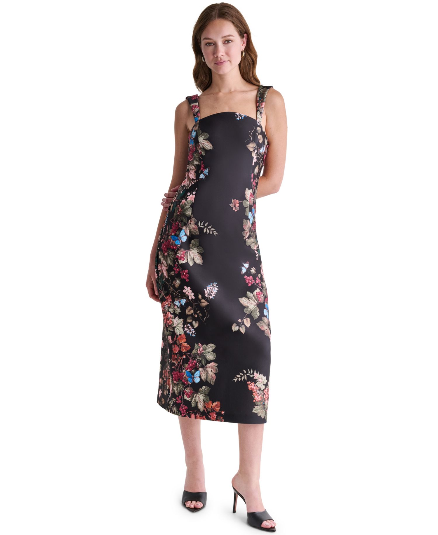 Women's Floral Print Square Neck Satin Midi Dress