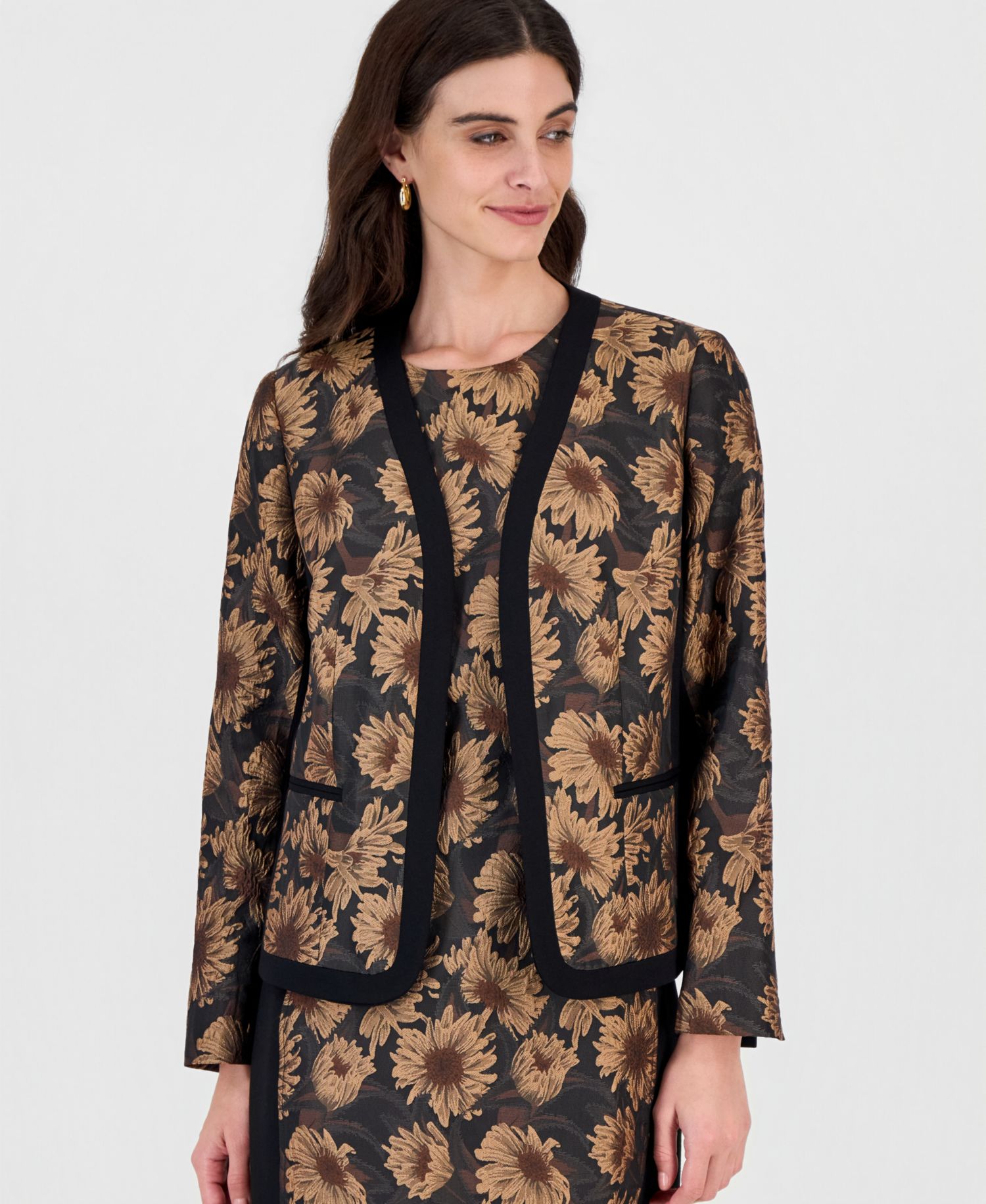 Women's Collarless Shoulder-Padded Floral Cardigan