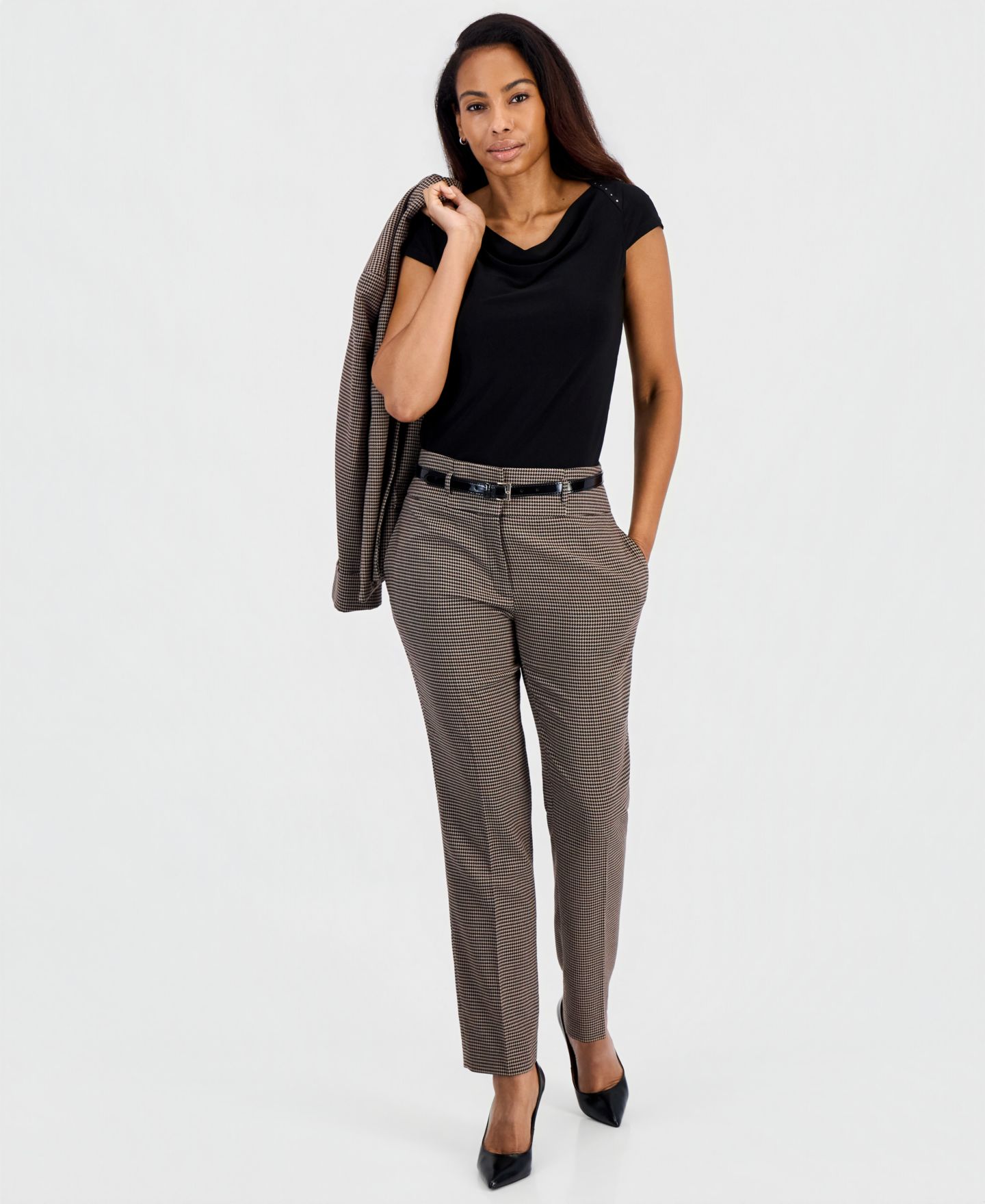 Женские брюки Kasper Ava High Rise Slim Houndstooth Belted Pant, цвет: Коричный разноцветный — фото 2