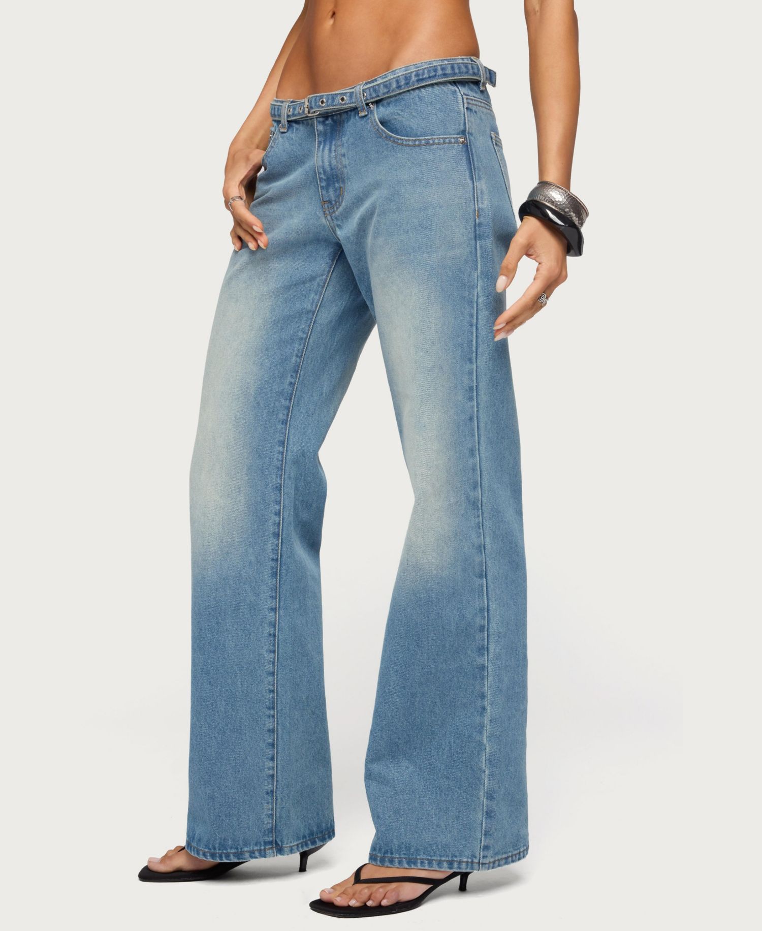 Women's Belted Low Rise Straight Leg Jeans