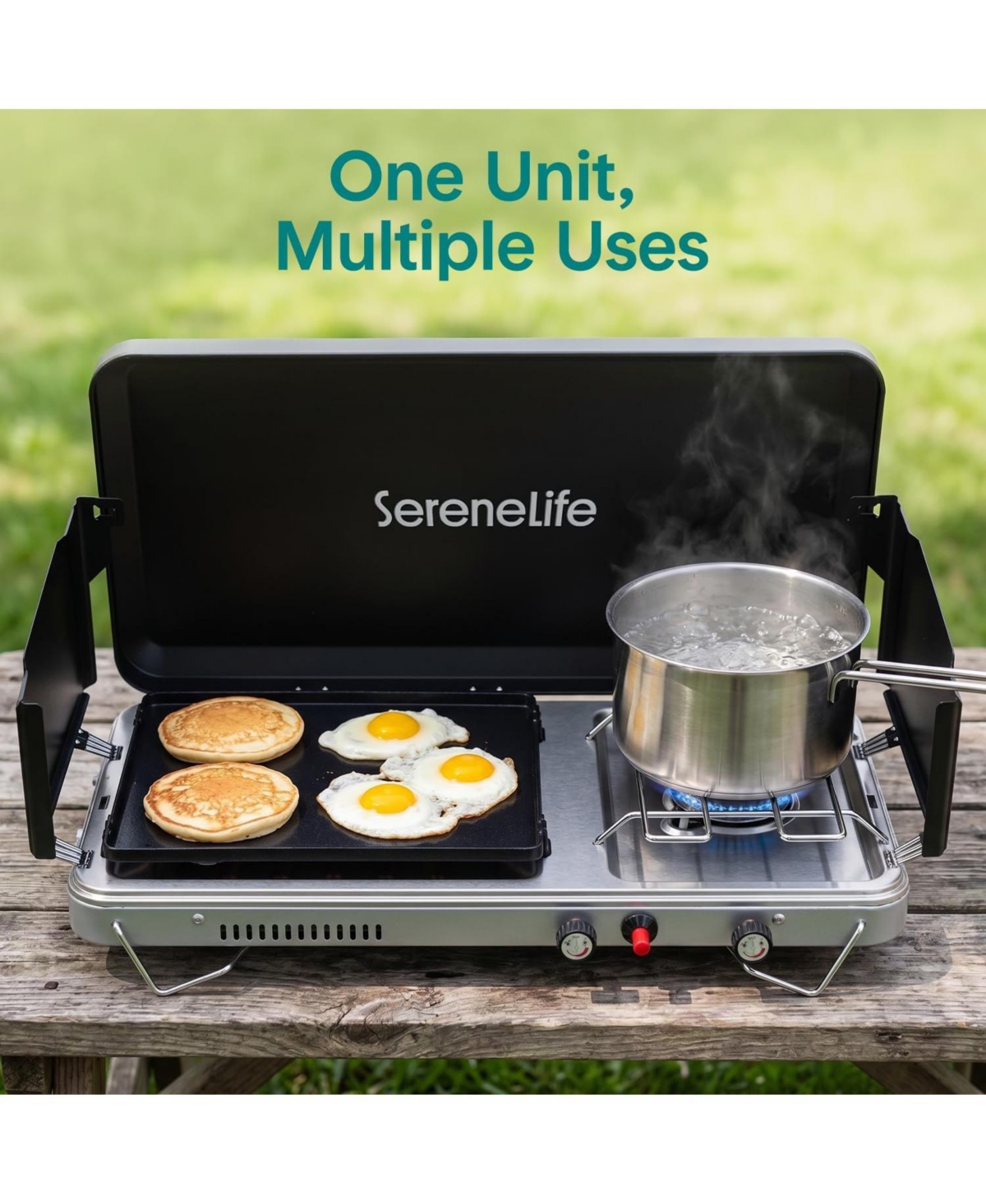 SereneLife 2-in-1 Camping Stove and Griddle Combo - Portable Propane Camp Stove with 10,000 Btu Burner and 5,000 Btu Griddle