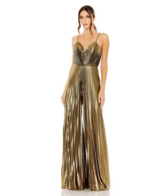 Women's Petite Metallic Pleated Wide-Leg V-Neck Jumpsuit