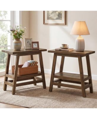 Solid Wood End Table Set of 2, 2-Tier Small Side Table with Stable A-Frame, Farmhouse Narrow Nightstand