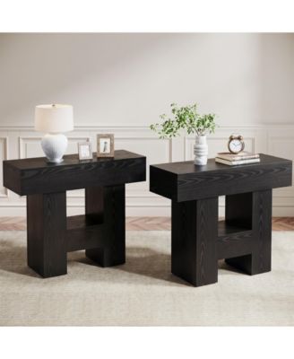 Farmhous End Table Set of 2, 2-Tier Narrow Side Table with Storage Shelf for Living Room, Rustic Wooden Sofa Side Tables and Nightstand