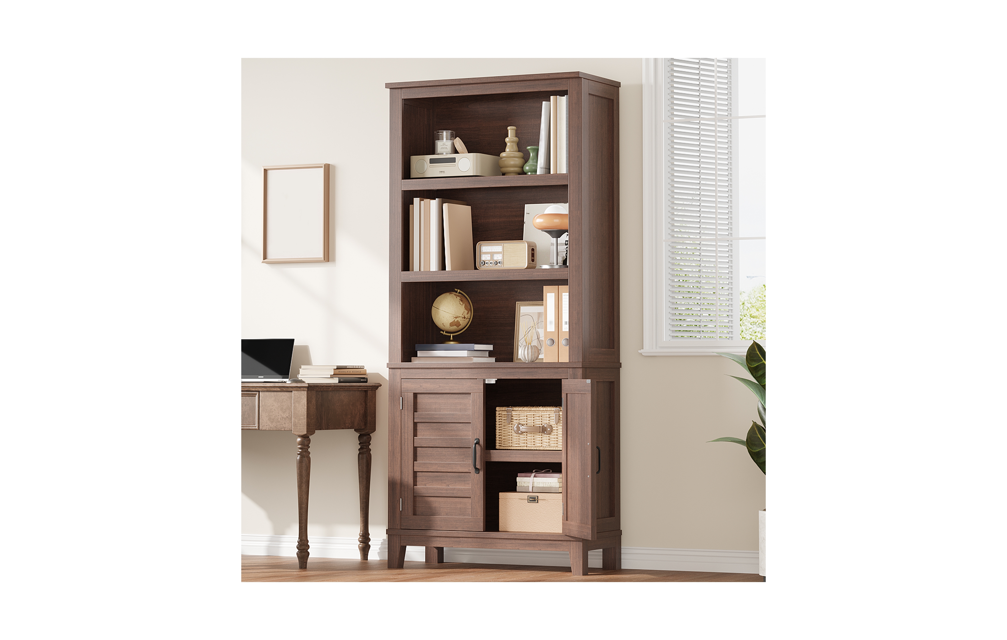 homfan 5-Tier Bookcase with Doors Floor Standing Farmhouse Wooden Bookshelf, 71.3" Tall Storage Cabinet for Home Office, Living Room or Bedroom