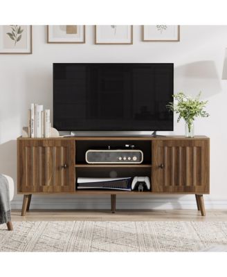 55" Mid-Century Modern TV Stand with Fluted Doors, Walnut Entertainment Center with Adjustable Shelves and Storage for Living Room
