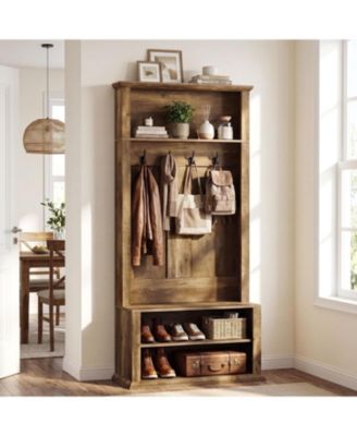 Hall Tree with Bench and Shoe Storage, 70.89" Tall Hall Tree with Coat Hooks, Open Shoe Shelves and Top Display Shelf, Entryway Coat Rack
