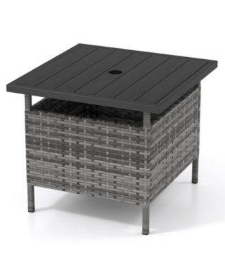 Patio Square Wicker Side Table with Umbrella Hole for Yard and Pool Deck