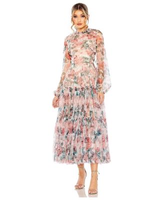 Women's Long Sleeve High Neck Long Balloon Sleeve Midi Dress