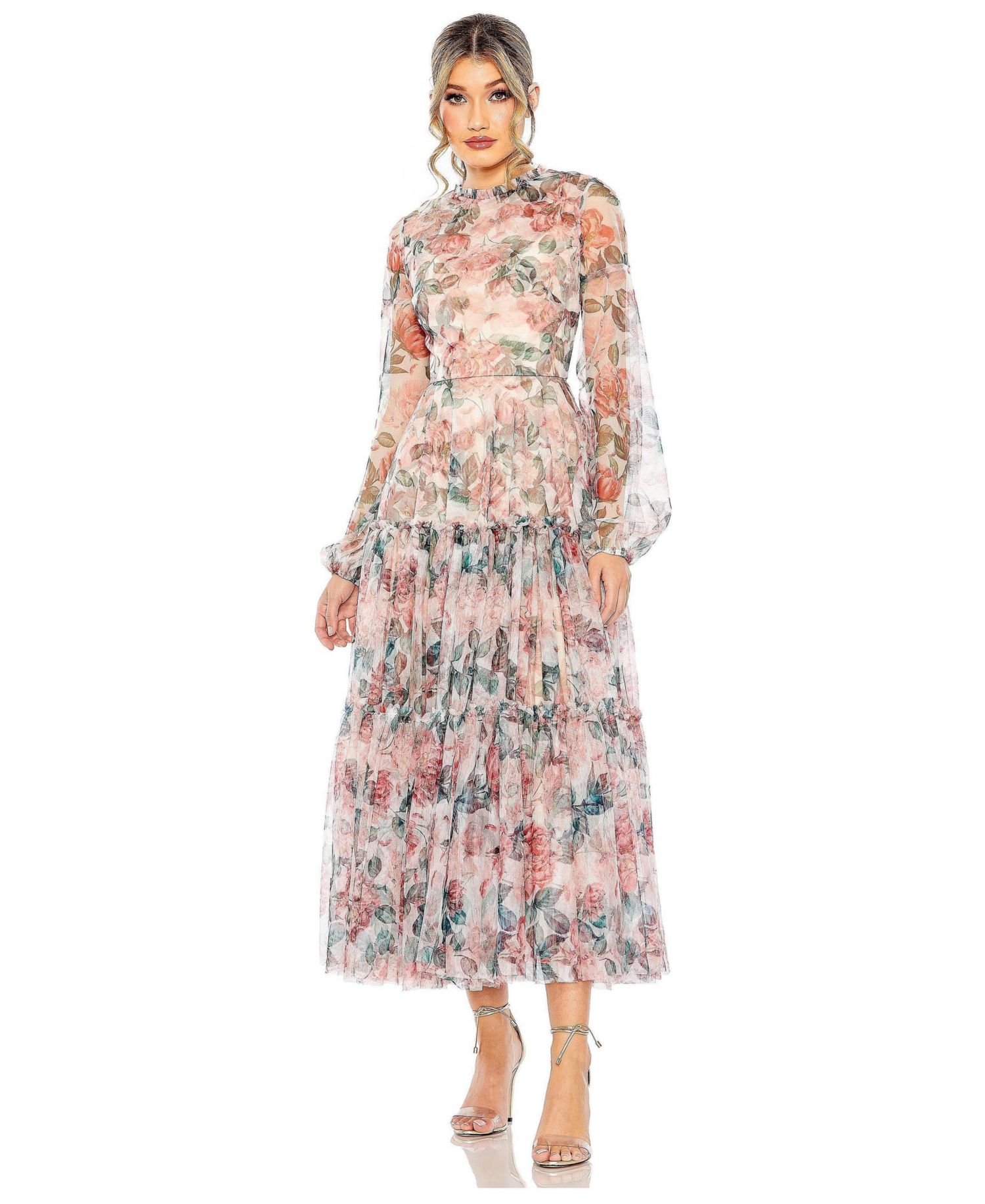 Women's Long Sleeve High Neck Long Balloon Sleeve Midi Dress