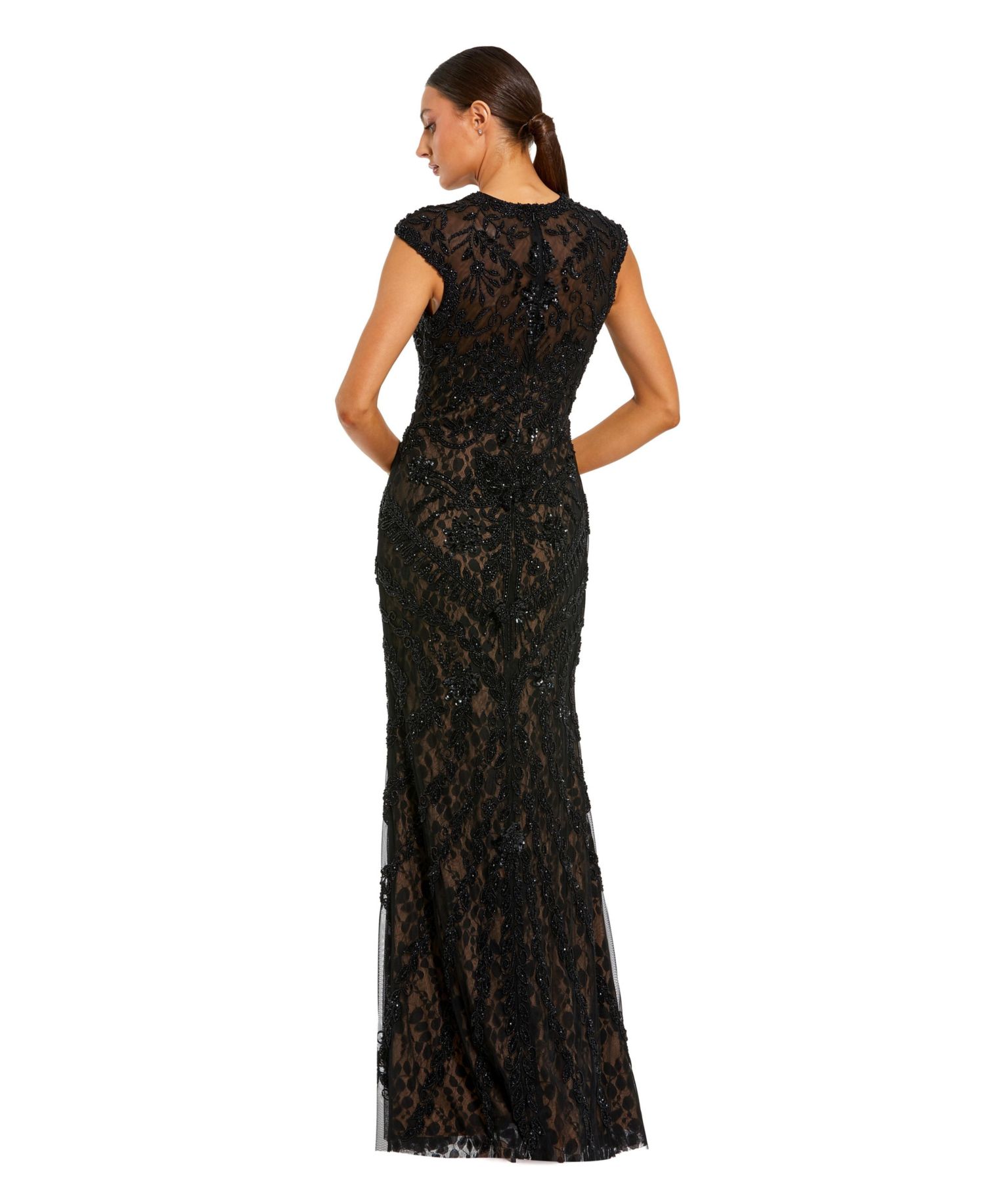 Petite Beaded Lace Mesh High-Neck Sleeveless Column Gown