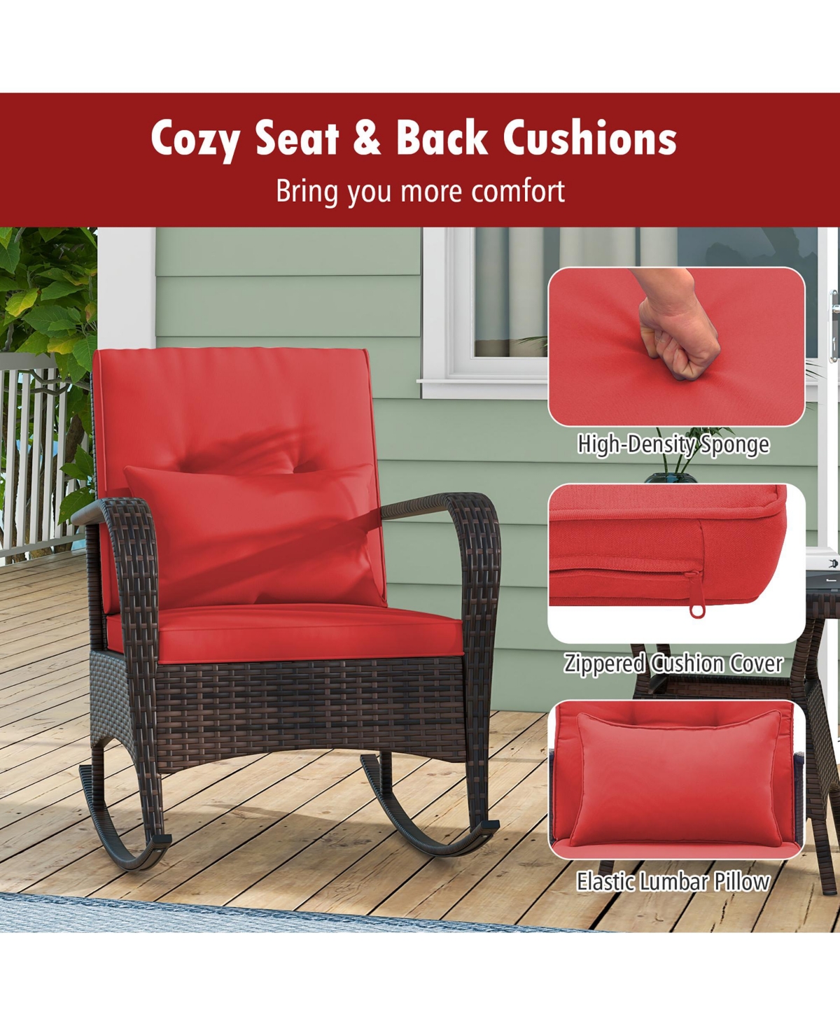 Gymax 3 Piece Outdoor Rocking Set Rattan Rocker Chairs w/ Tempered Glass Coffee Table