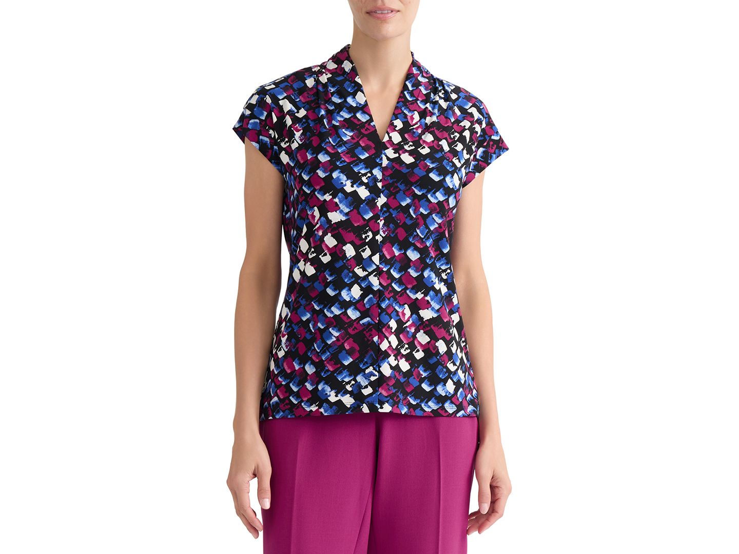 Женский топ Kasper Printed Funnel-Neck Short-Sleeve Top, цвет: Чёрный разноцветный — фото 6