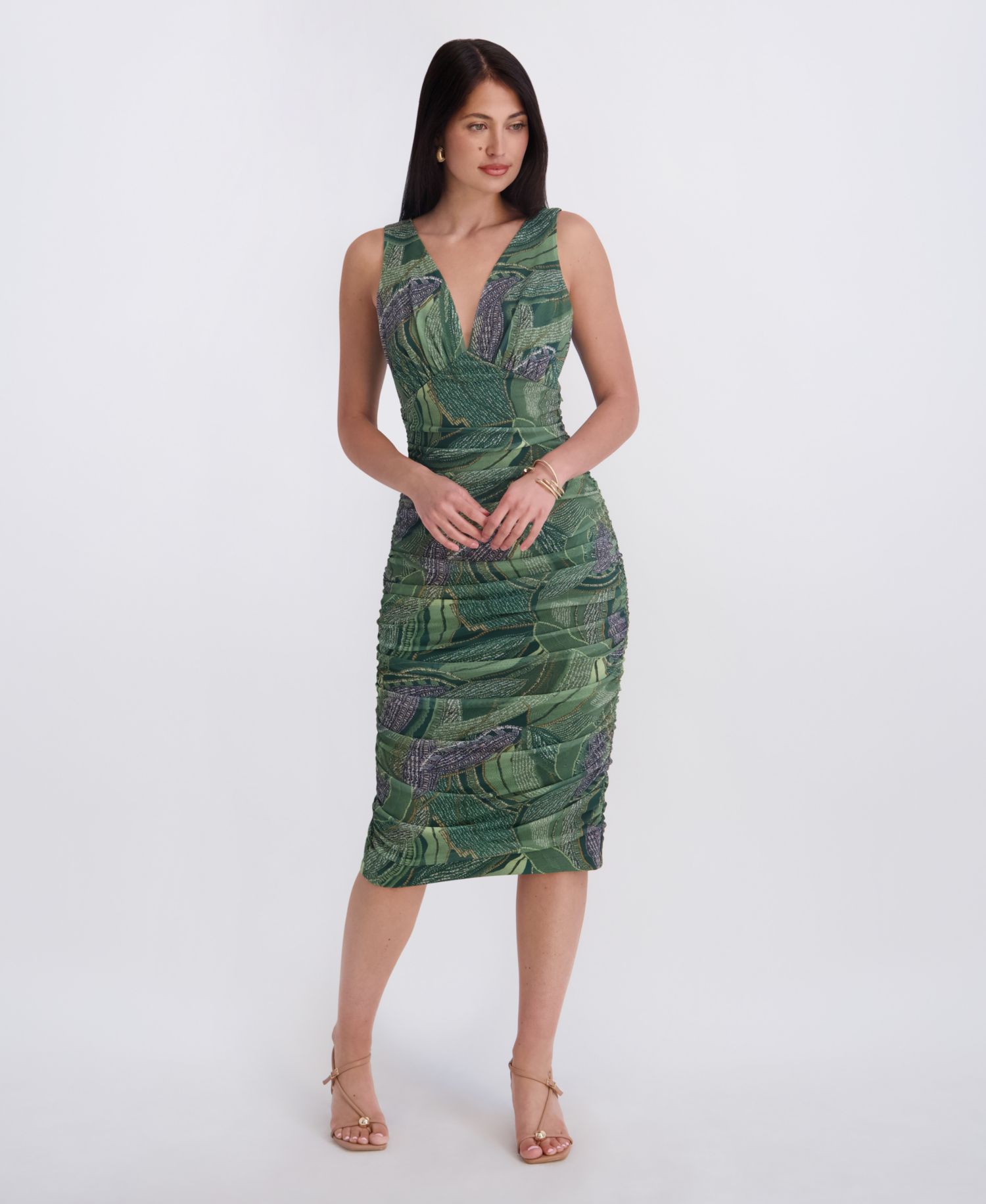 Women's V-Neck Printed Mesh Midi Dress