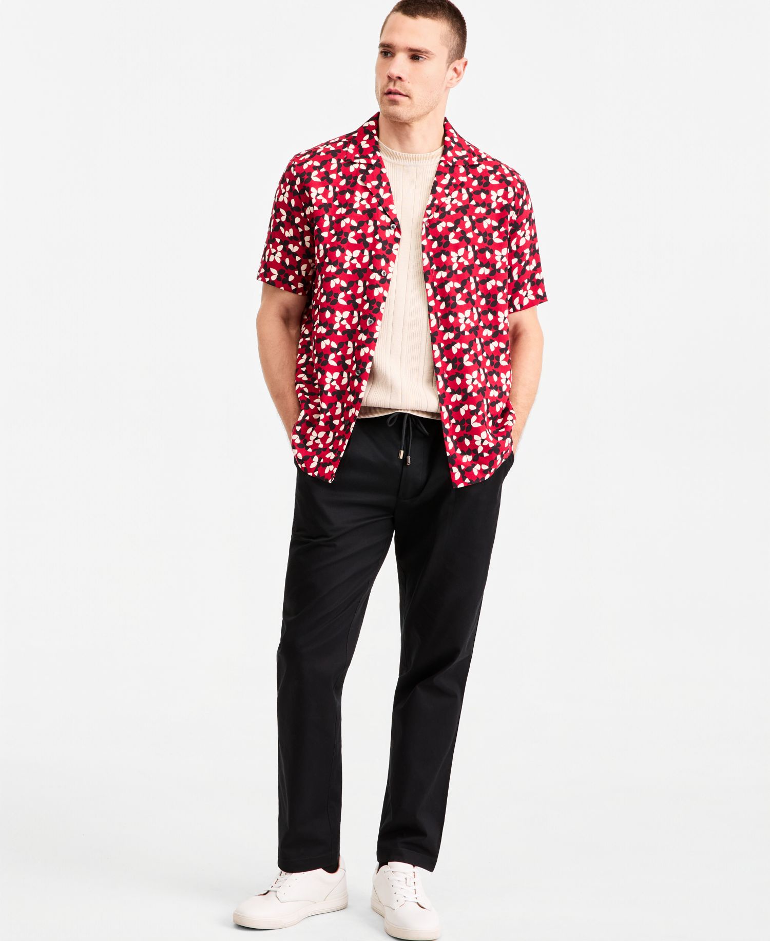 Men's Warwick Floral Short Sleeve Camp Shirt, Grosvenor Short-Sleeve Crewneck Sweater & Hampstead Modern-Fit Chino Solid Pants