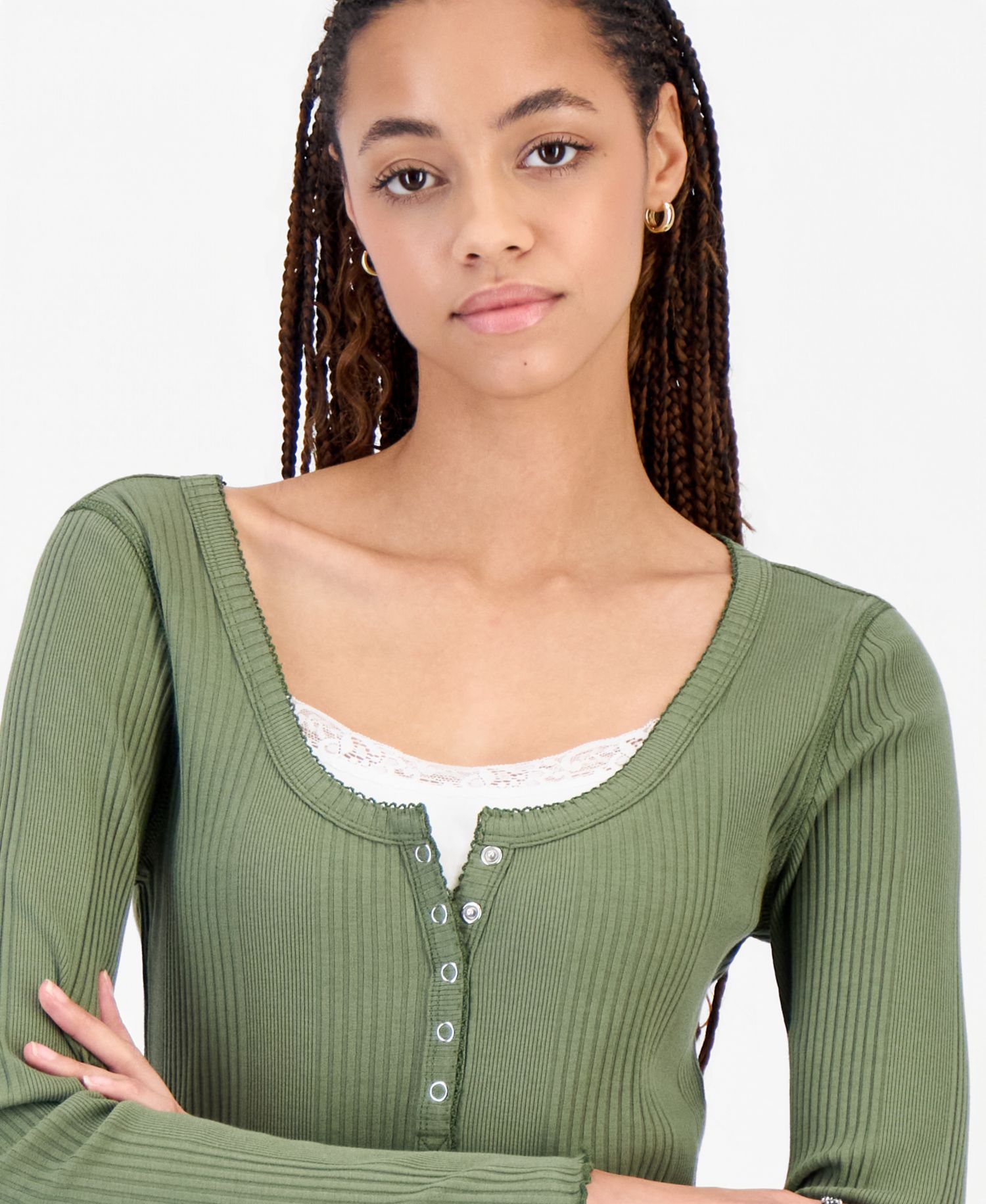 Juniors' Layered-Look Henley Ribbed Long-Sleeve Top
