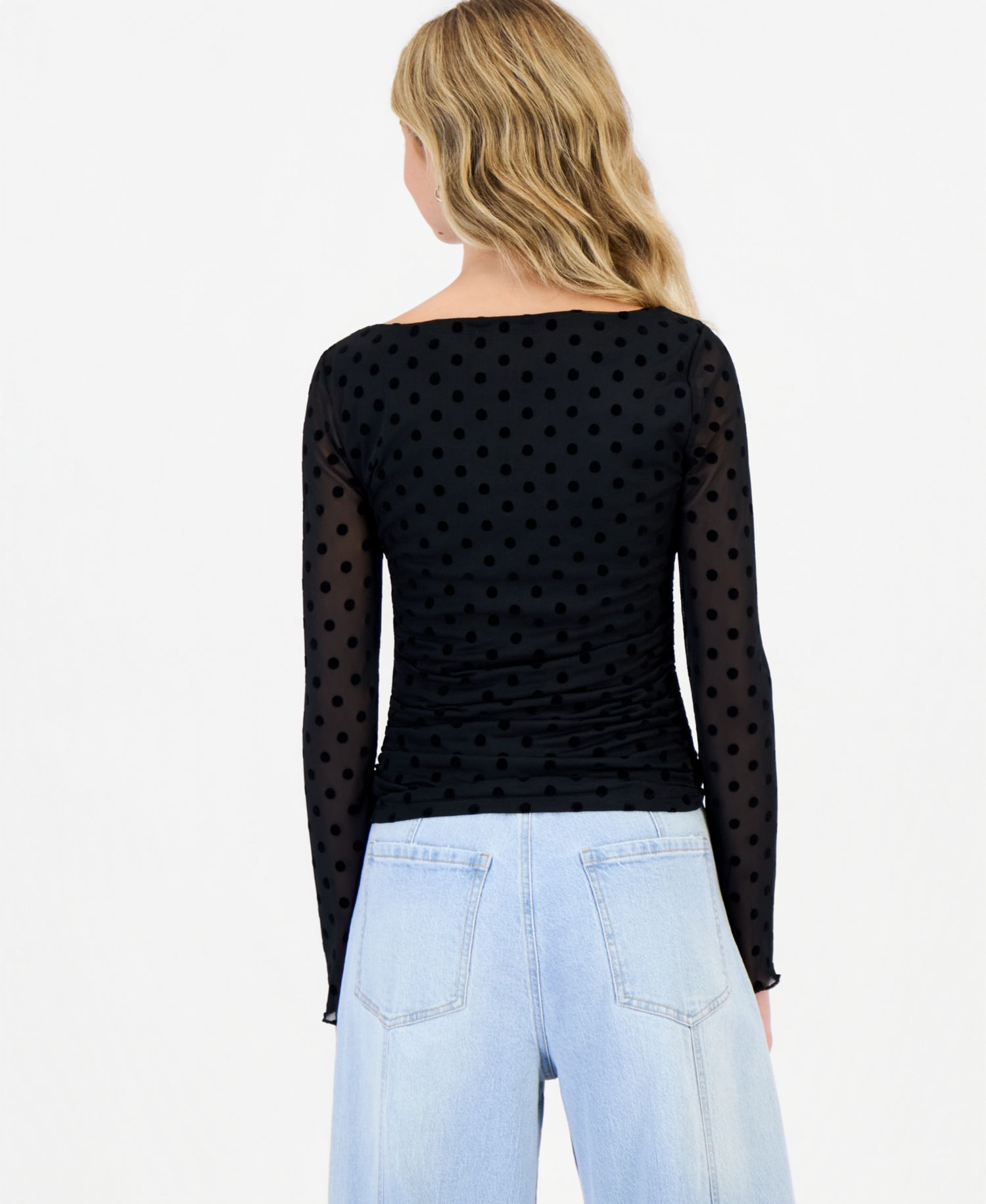 Juniors' Ruched Flocked Long-Sleeve Top