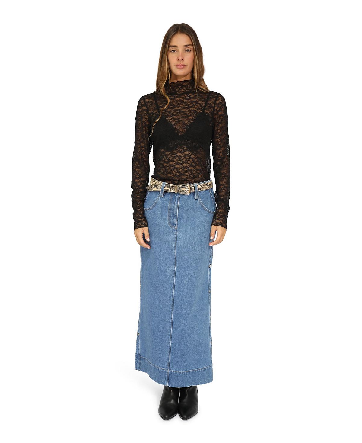 Belle & Bloom Women's Edge Line Denim Maxi Skirt with Side Buttons view 2 — MAYCSS fashion products