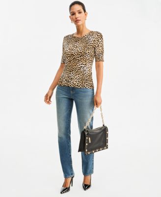 I.N.C. Women's Leopard-Print Fitted Short-Sleeve Crewneck Sweater