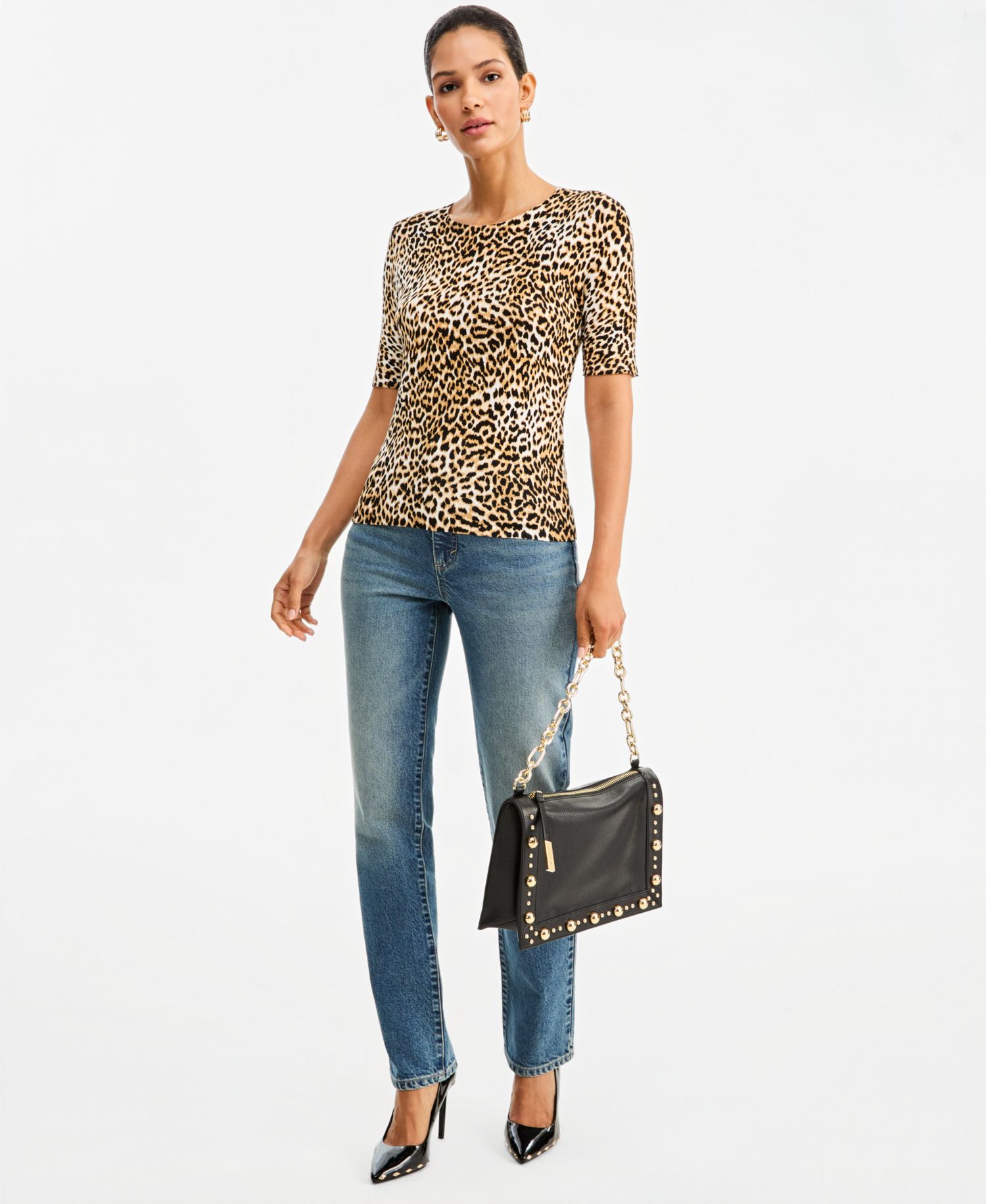 I.N.C. Women's Leopard-Print Fitted Short-Sleeve Crewneck Sweater