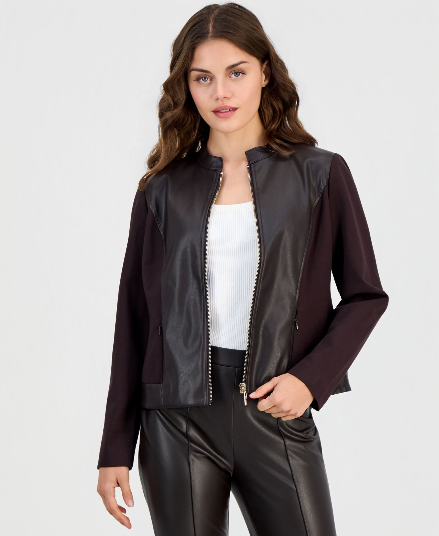 Petite Mod Moto Zipper-Front Mandarin Collar Jacket