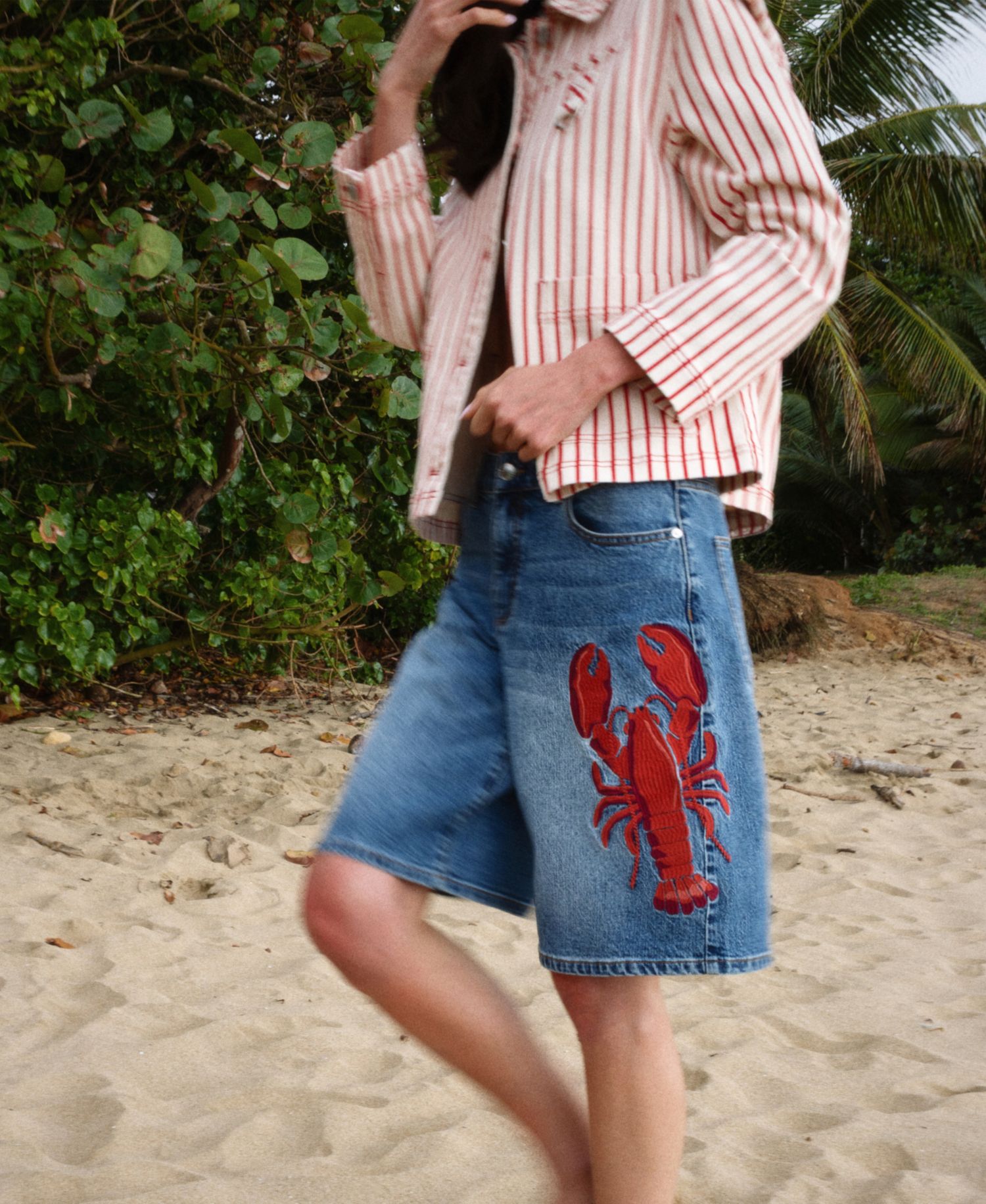 Women's Mid-Rise Lobster Embroidered Denim Shorts