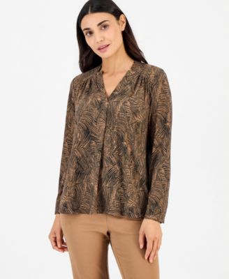 Petite Long-Sleeve Split-Neck Yoke Blouse