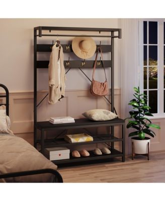 Multifunctional Hall Tree Coat Rack, Heavy Duty Steel Wood Entryway Storage Bench with Hooks and Shelves