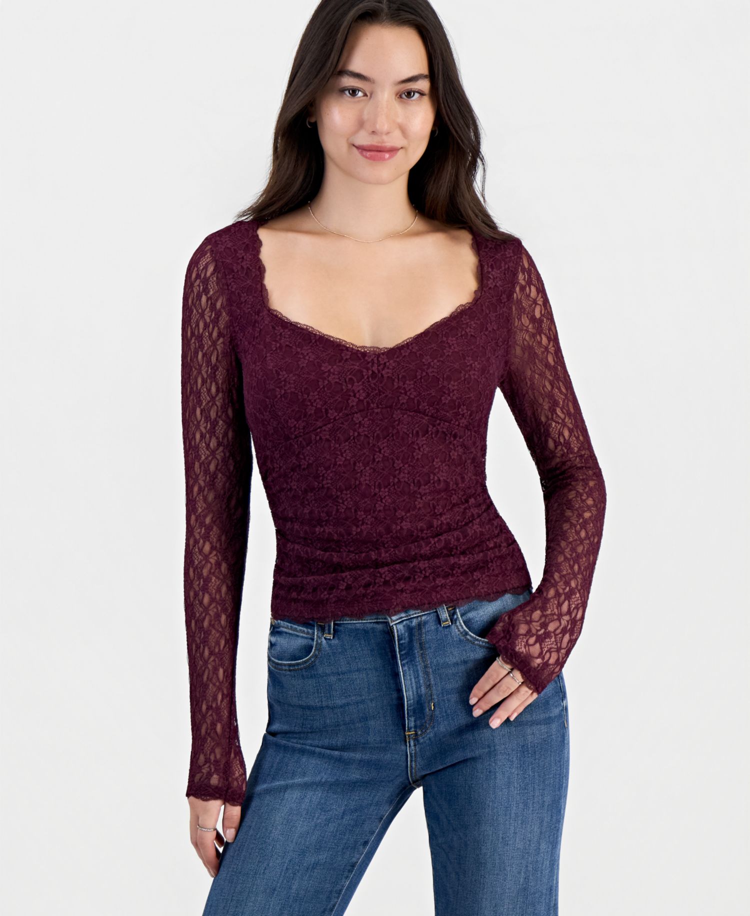 Juniors' Long-Sleeve Lace Sweetheart-Neckline Top