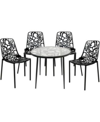 Devon 5-Piece Outdoor Dining Set - Round Glass Table with 4 Flower Design Stackable Chairs