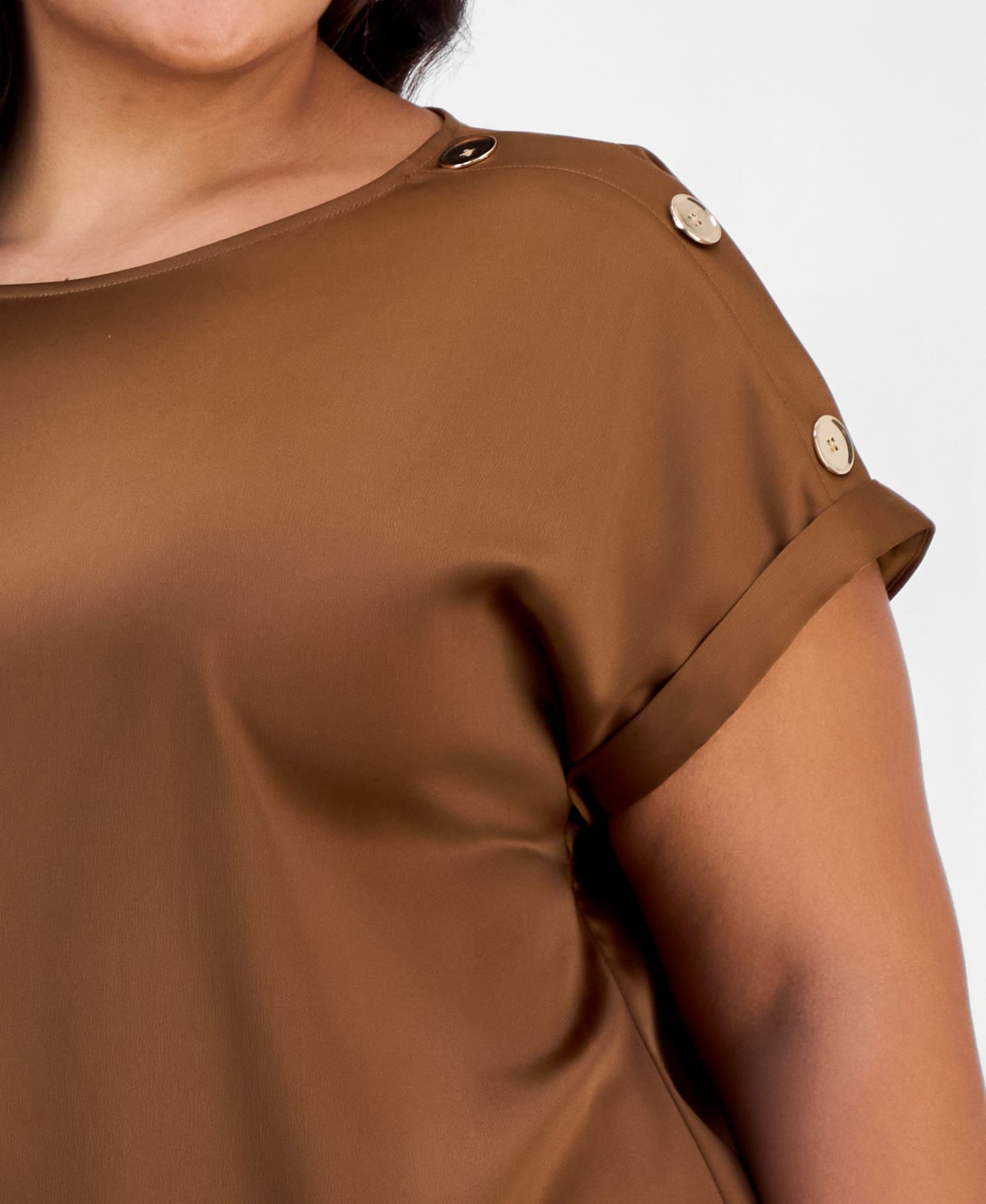 Plus Size Satin Short-Sleeve Shoulder Button Detail Blouse