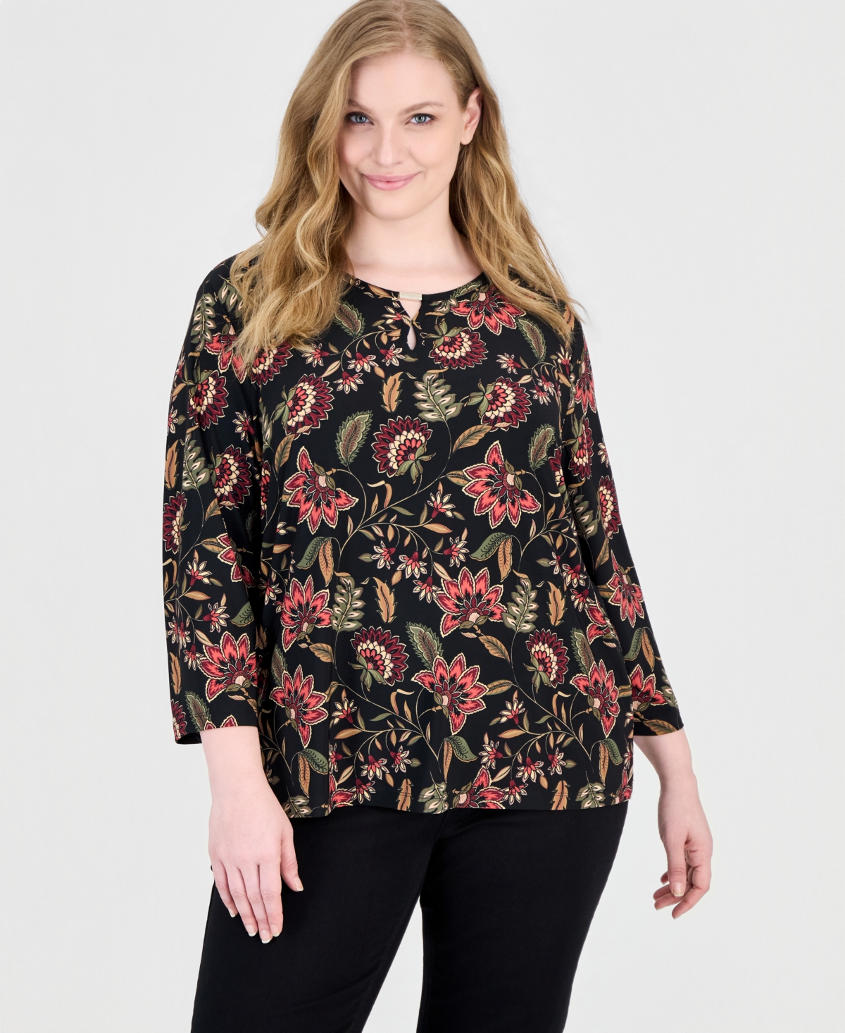 Jones New York Plus Printed Keyhole 3/4 Sleeve Top