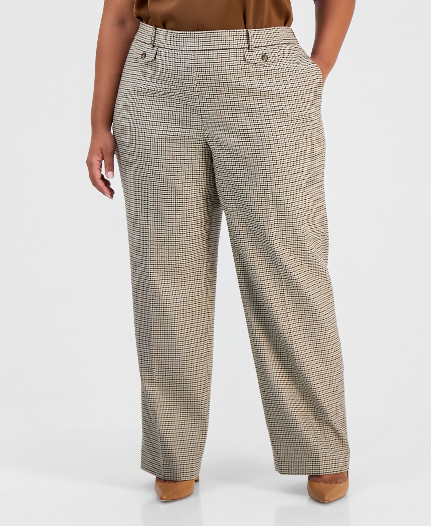 Plus Size Pull-On Wide-Leg Mini Houndstooth Trousers