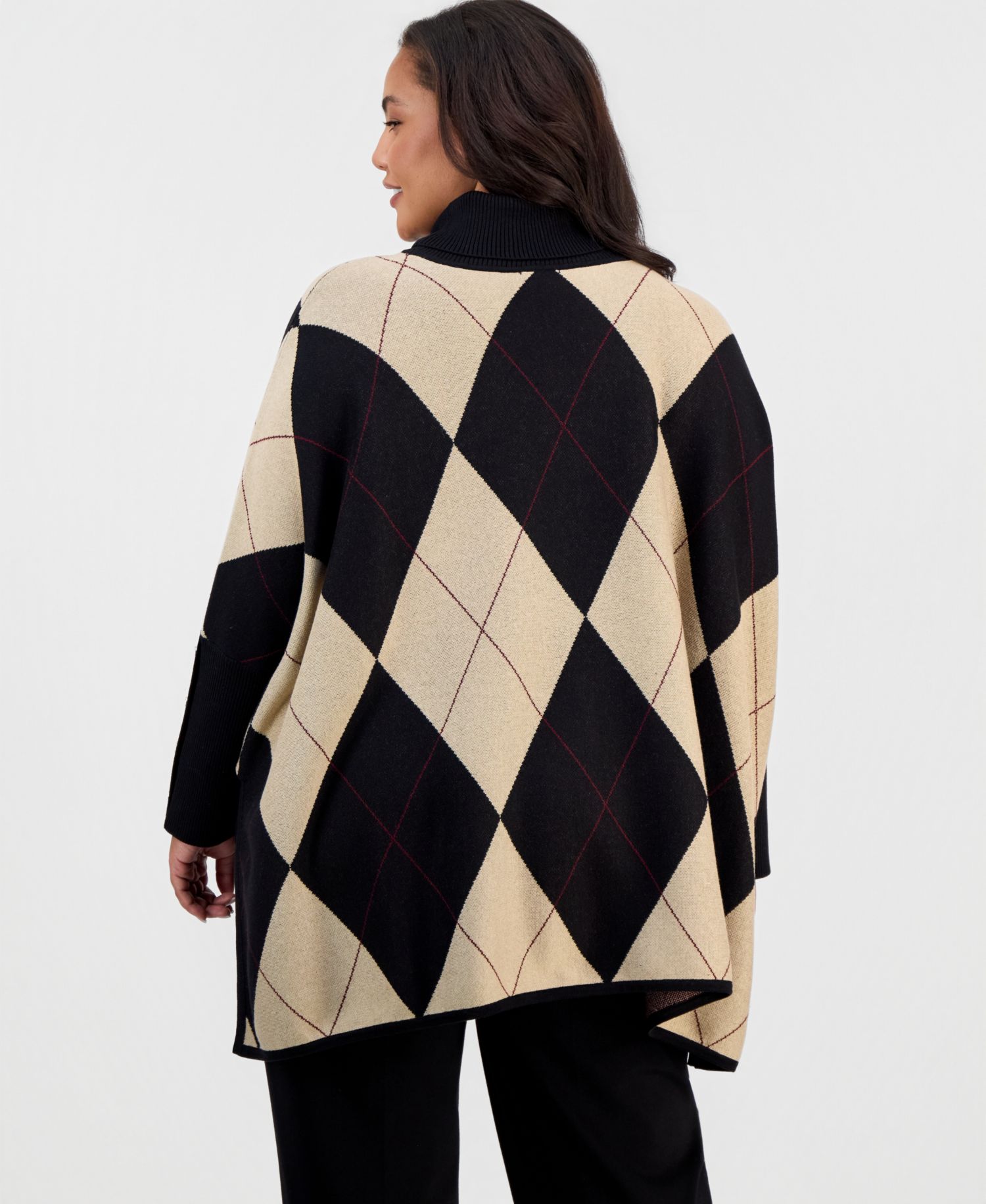 Plus Size Argyle Turtleneck Poncho