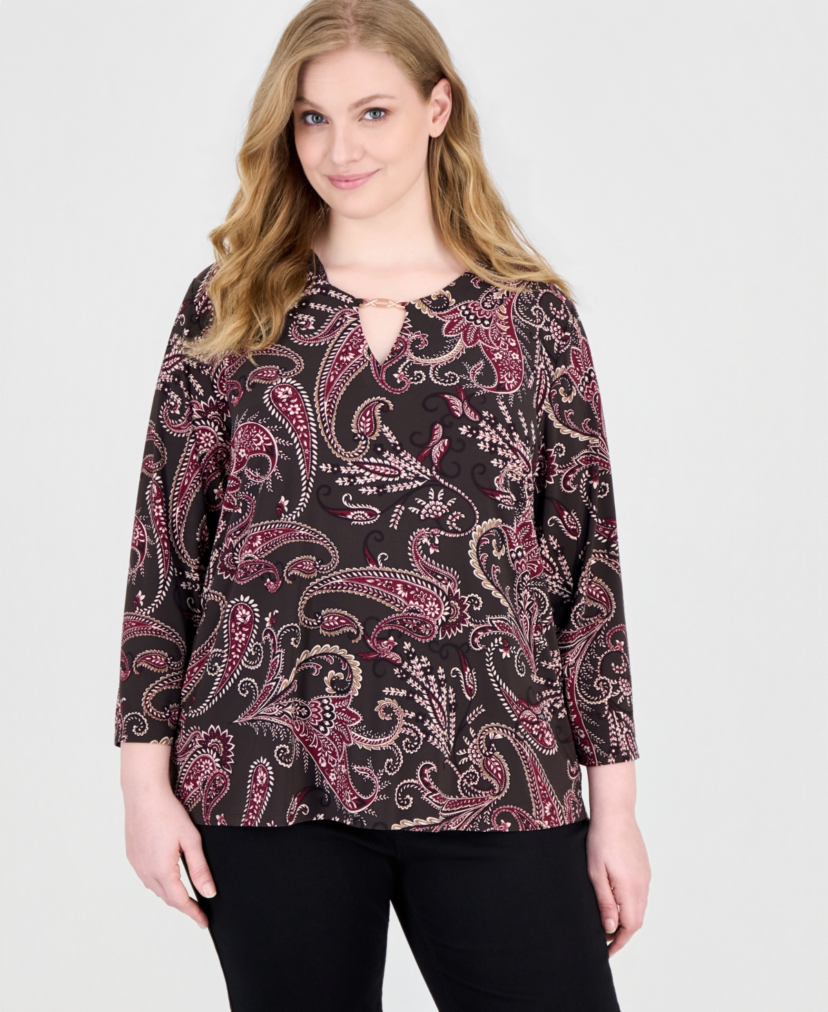 Jones New York Plus Paisley-Print V-Neck Keyhole 3/4-Sleeve Blouse