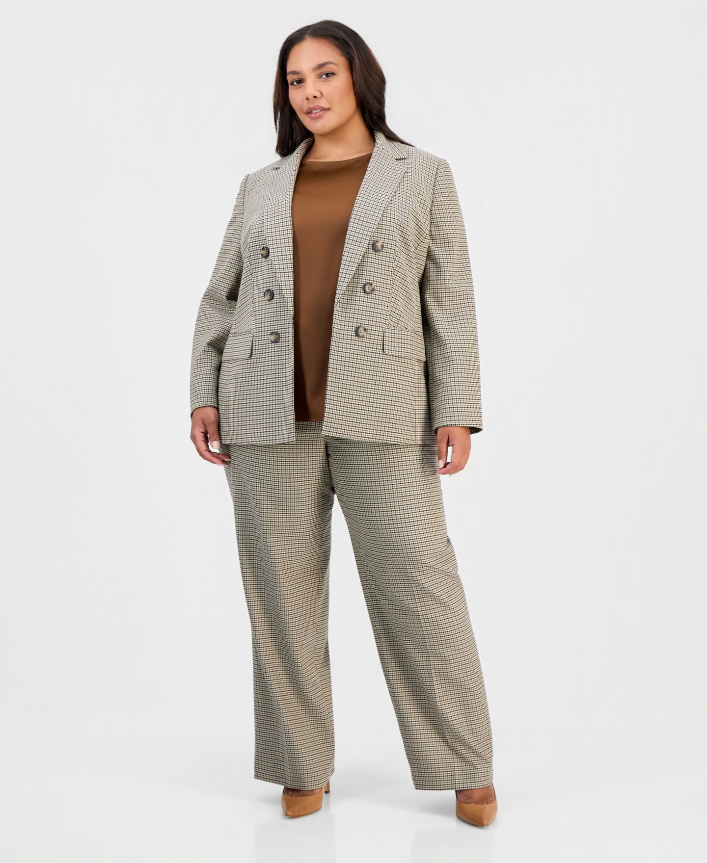 Женский пиджак Jones New York Plus Size Double-Breasted Houndstooth Blazer, цвет: Натуральный верблюжий — фото 2