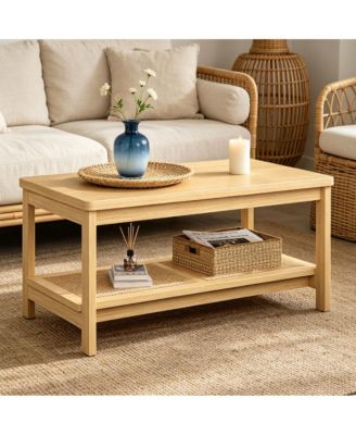 39.4 Inch 2 Tier Wooden Table with Rattan Storage Shelf Rustic Farmhouse Center Table with Round Corners and Anti Slip Foot Pads