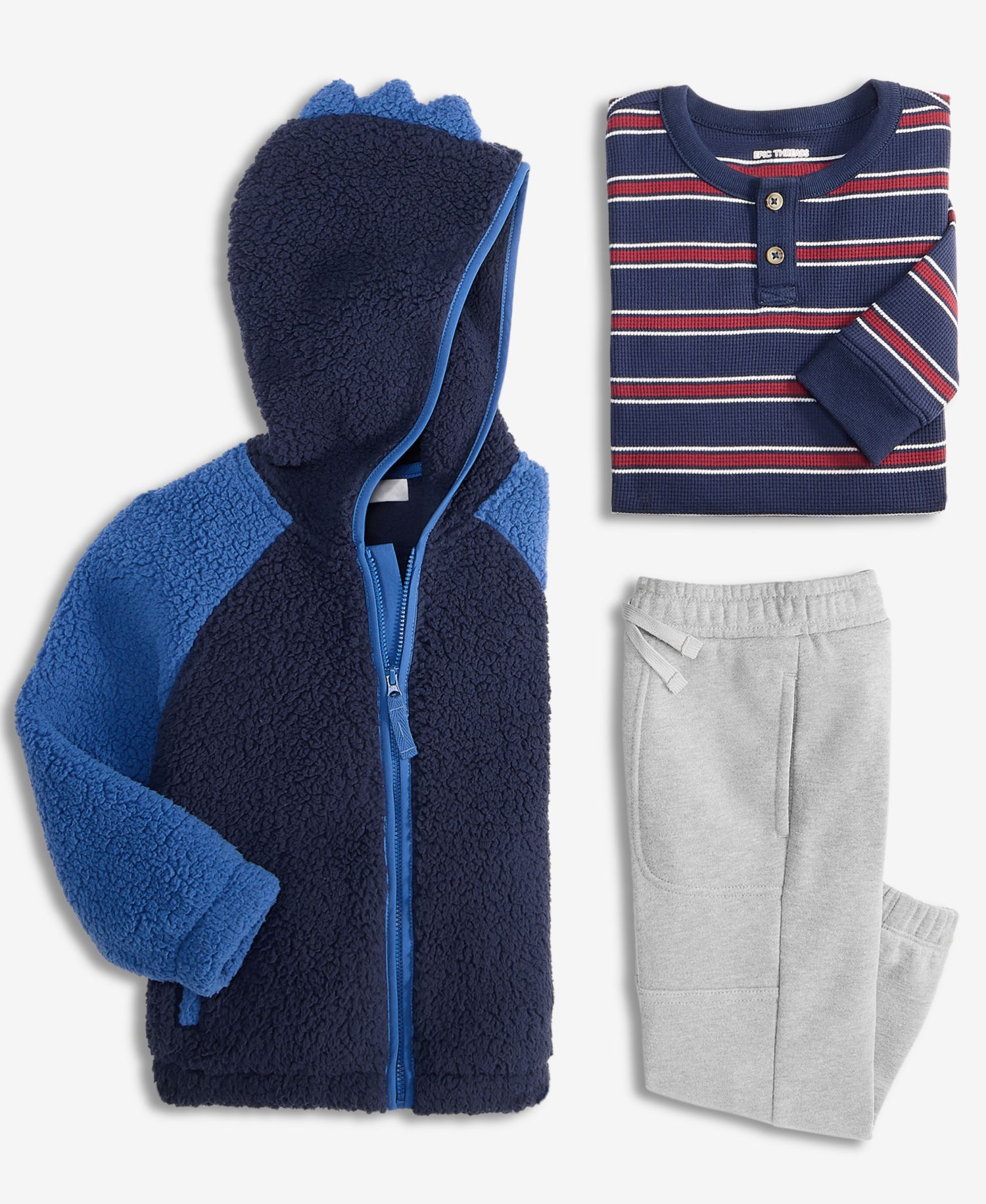 Toddler Boys' 12M-5T Faux-Sherpa Dino Jacket, Striped Henley Thermal Shirt & Fleece Jogger Pants