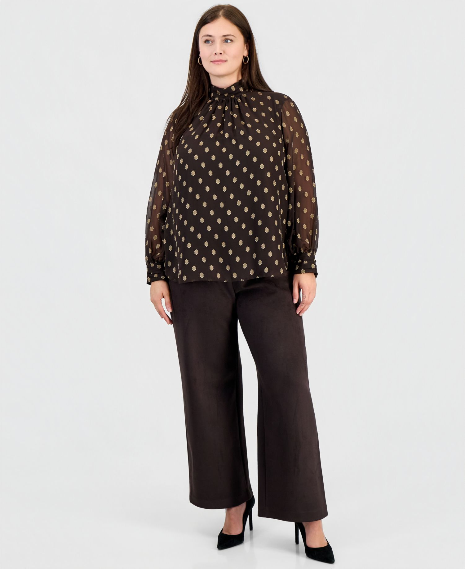 Plus Size Long-Sleeve Shirred-Collar Keyhole-Front Blouse