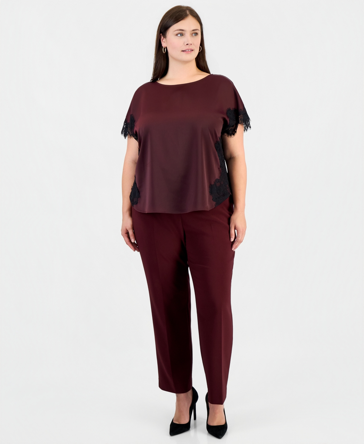 Anne Klein Plus Lace-Trim Short-Sleeve Bateau Neck Blouse
