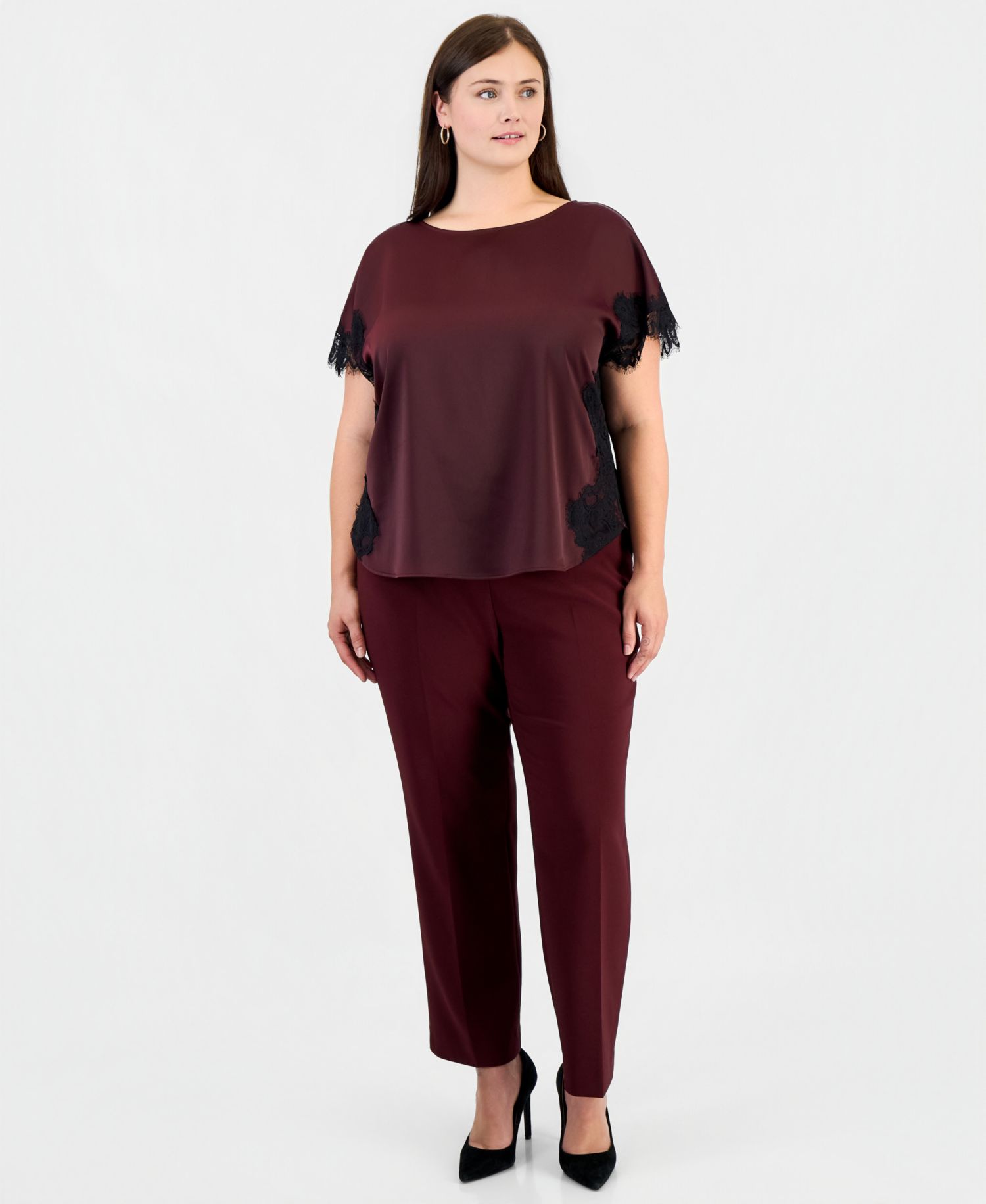 Plus Size Lace-Trim Short-Sleeve Bateau Neck Blouse
