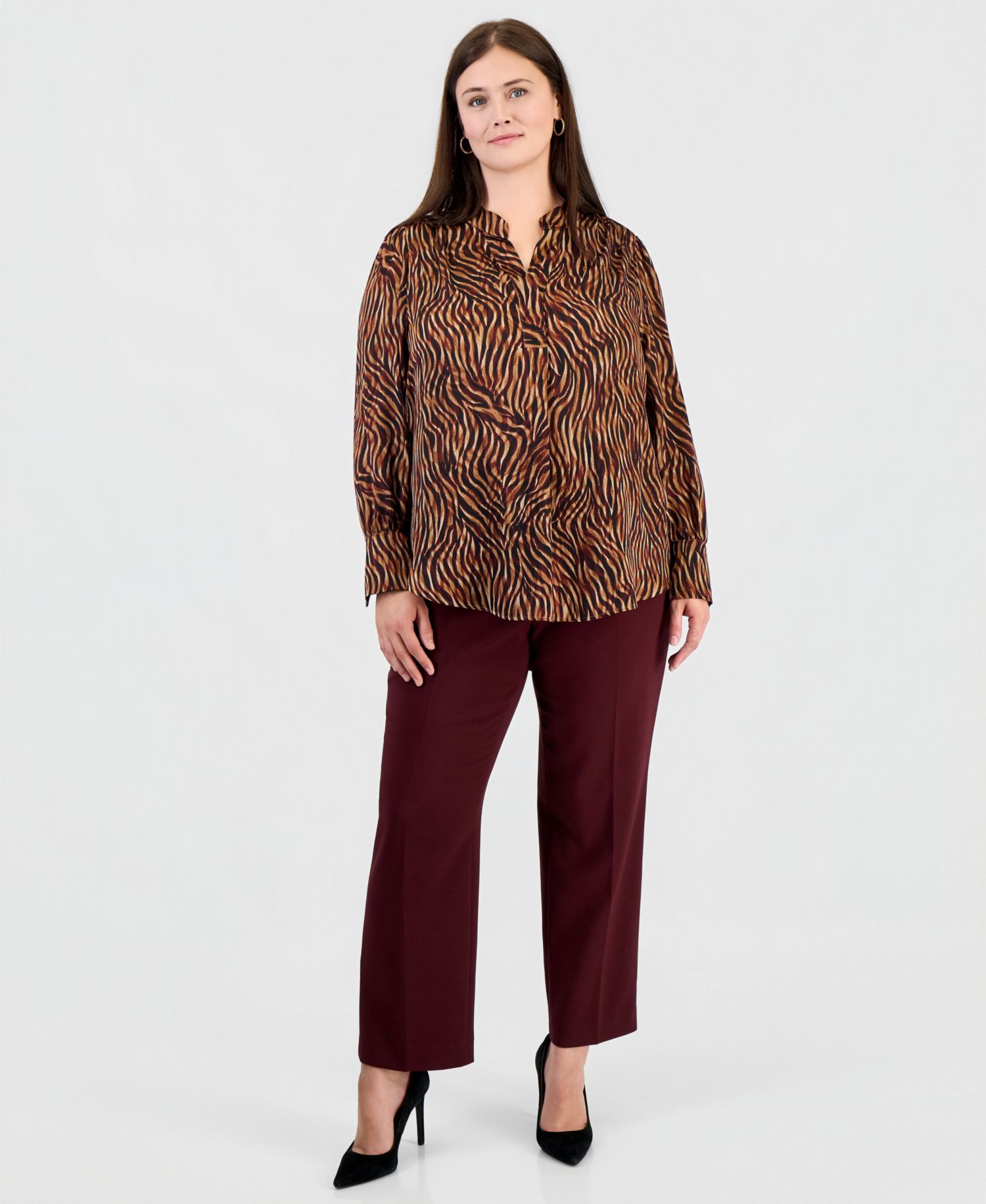 Plus Size Long-Sleeve V-Neck Pleat-Front Blouse
